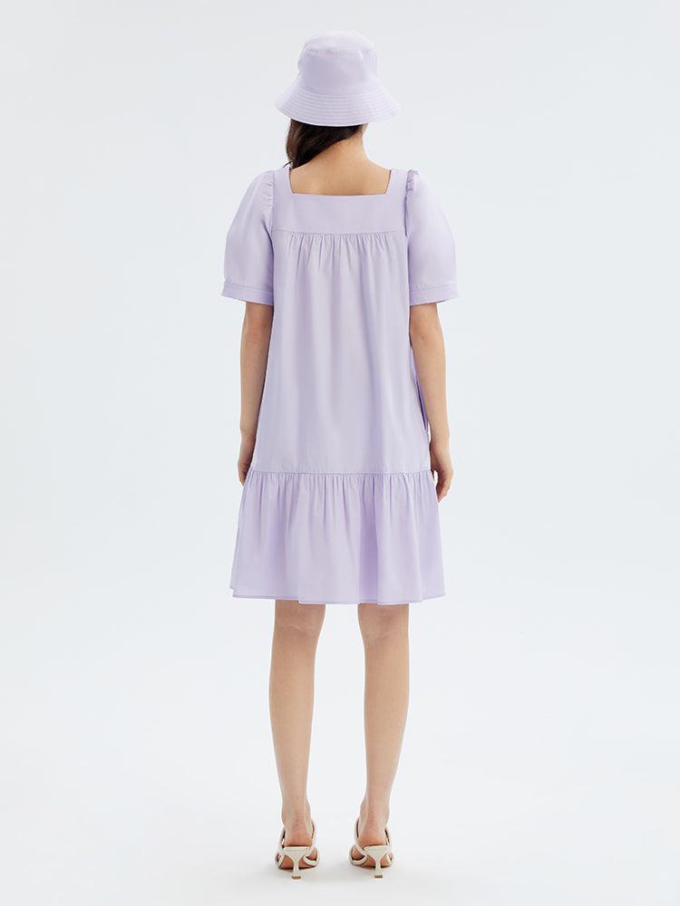 Purple Square Neck Cotton Dress With Hat GOELIA