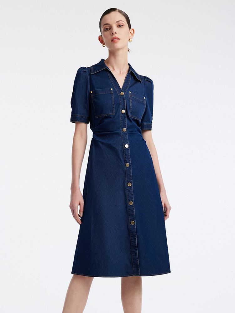 Denim Gathered Waist Pleated V-Neck Midi Dress GOELIA