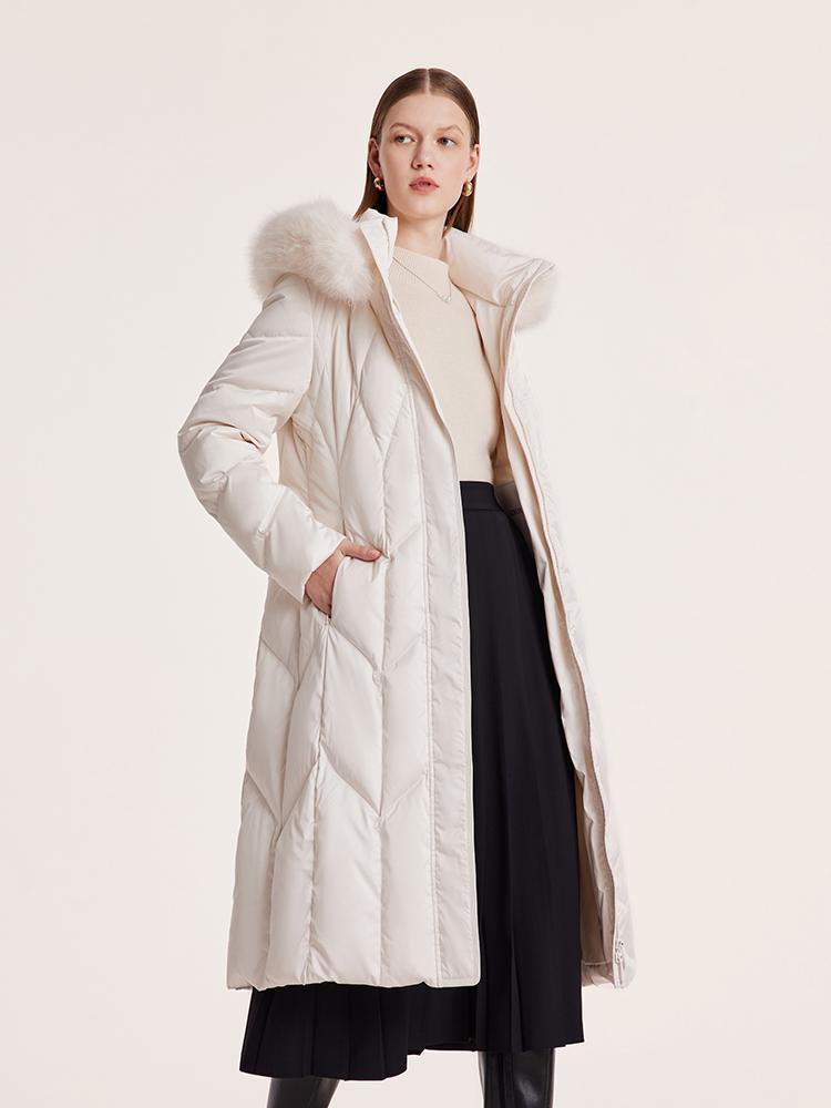 White Gathered Waist Long Goose Down Garment With Faux-Fur Collar GOELIA