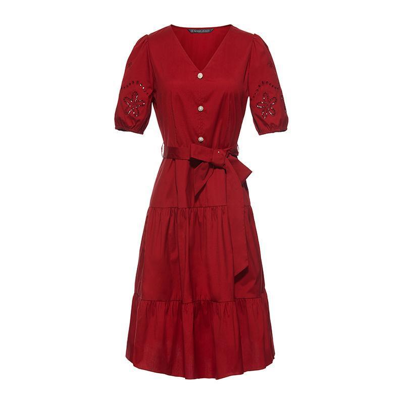 Chili Red Embroidered V-Neck Waist-Skimming Dress GOELIA