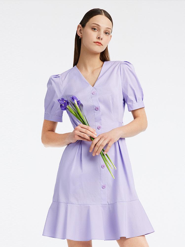 Purple Puff Sleeve Waist-Skimming Dress GOELIA