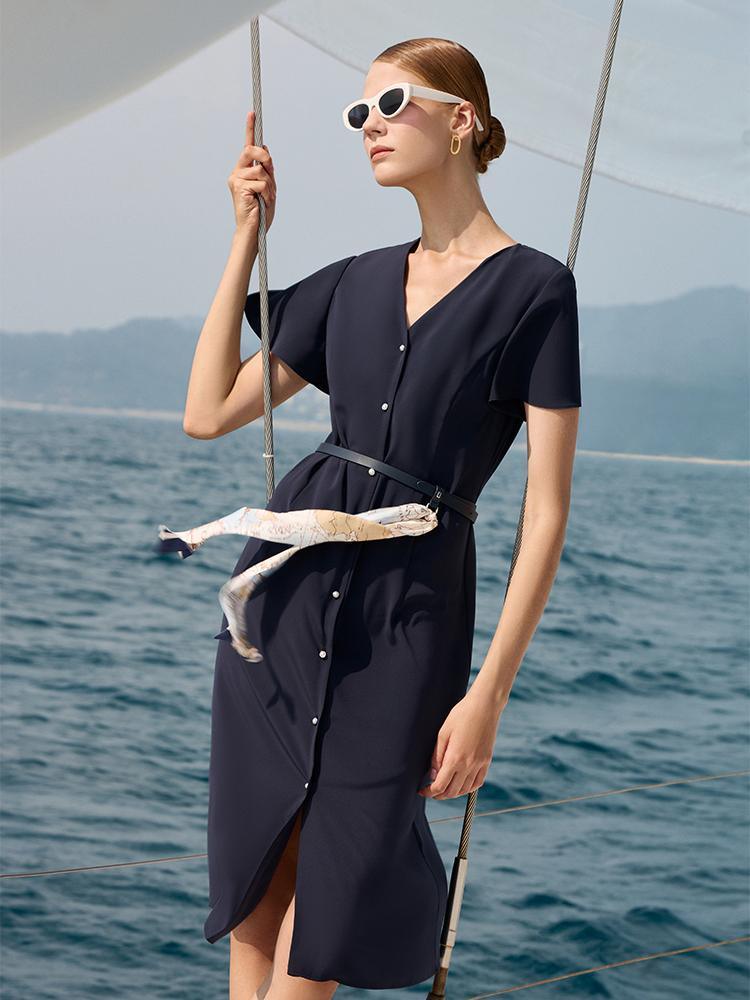 Triacetate Dress With Belt & Silk Scarf
