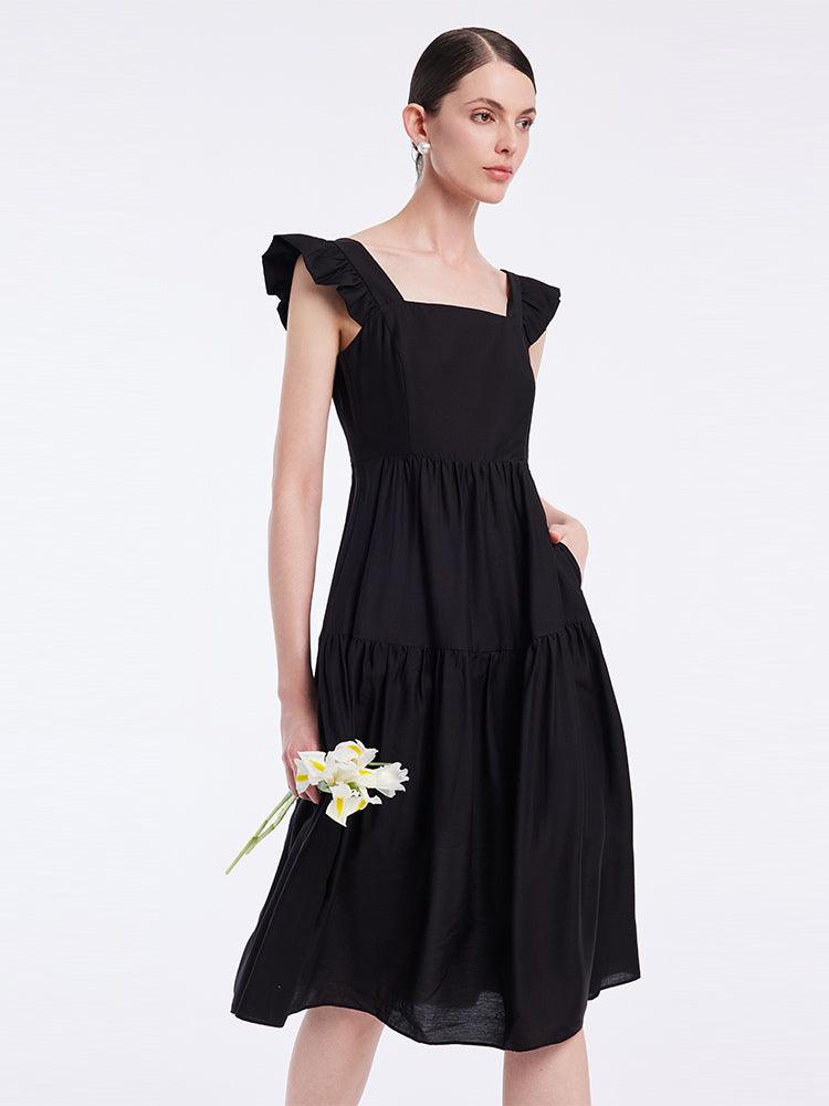 Black Acetate Ruffle Sleeve Dress GOELIA