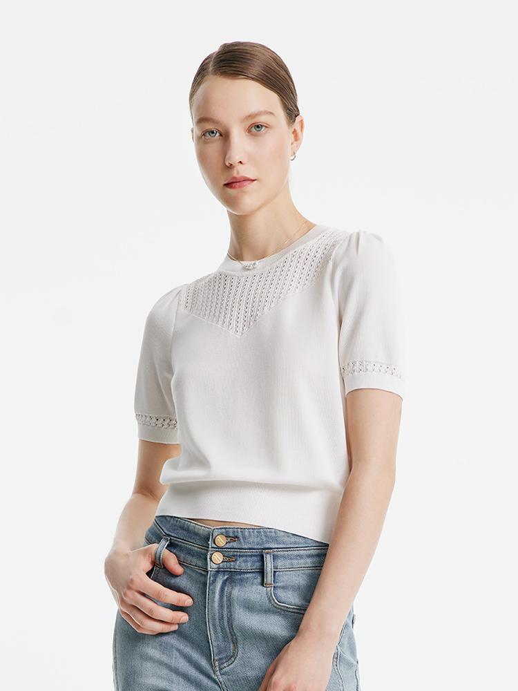 White Round Neck Knit Top GOELIA