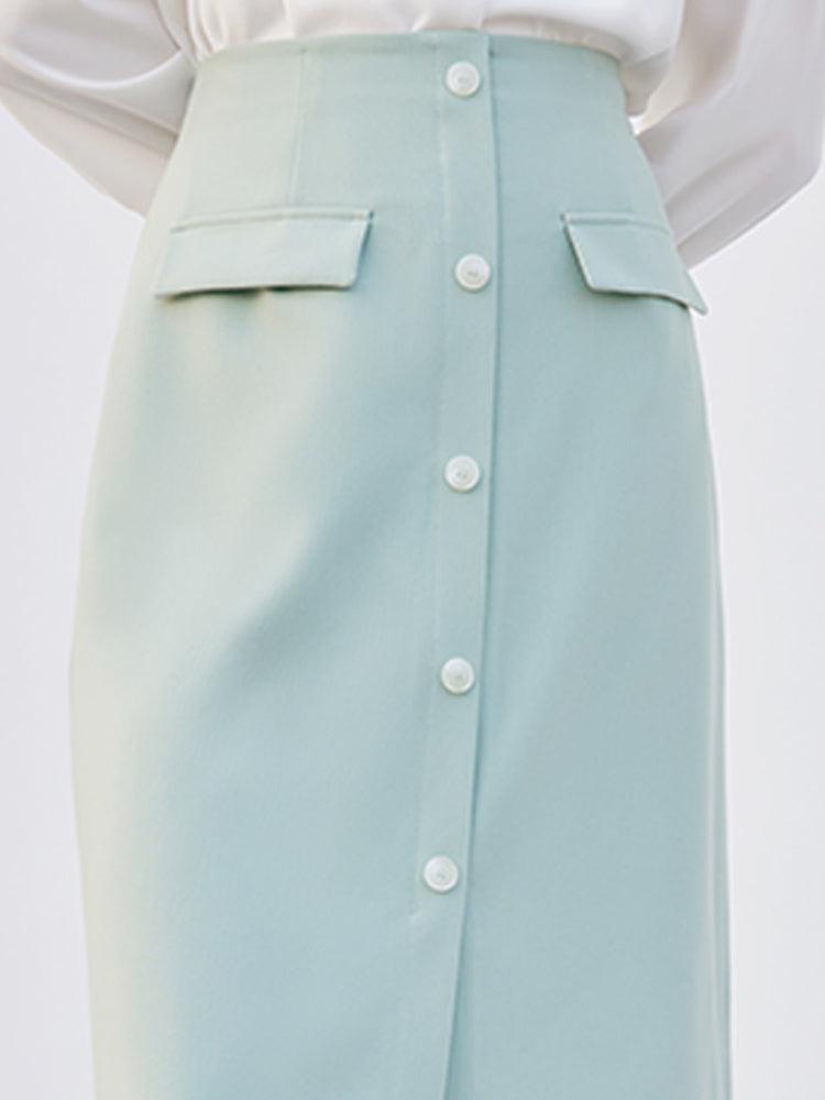 Mint Green Single-Breasted Slit Skirt GOELIA