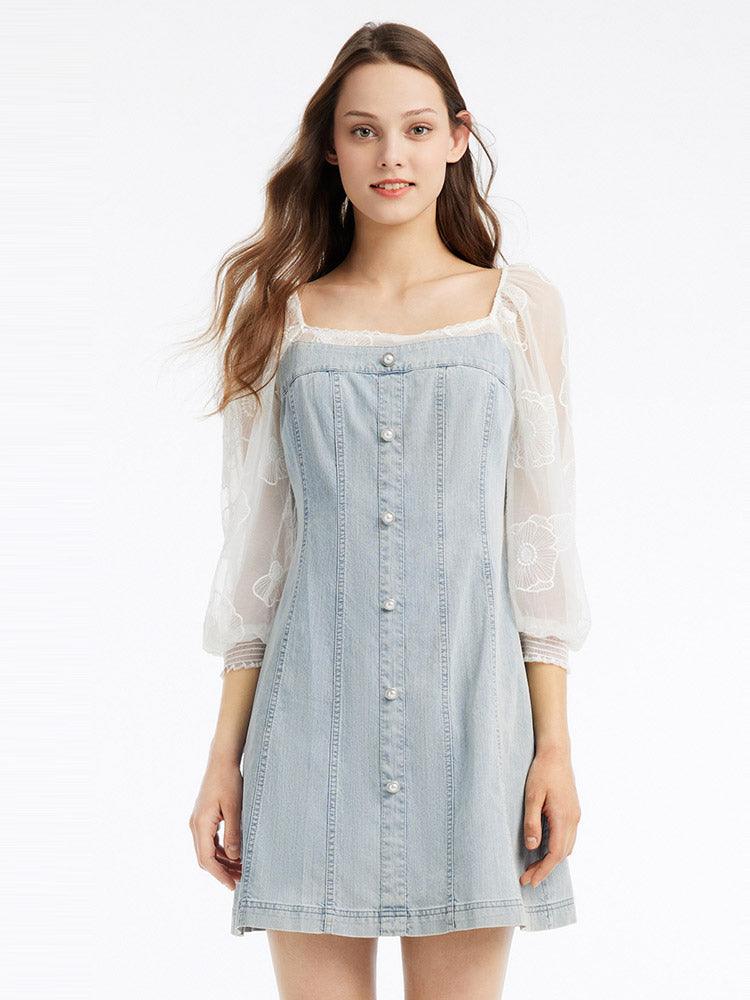 Blue Square Neck Puff Sleeve Mesh Knee-Length Sheer Denim Patchwork Dress GOELIA