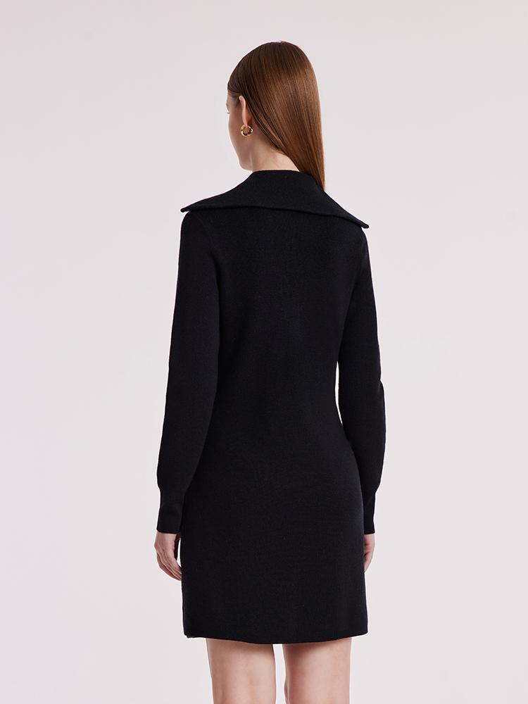 Black Wool Knit Lapel Dress With Zip GOELIA