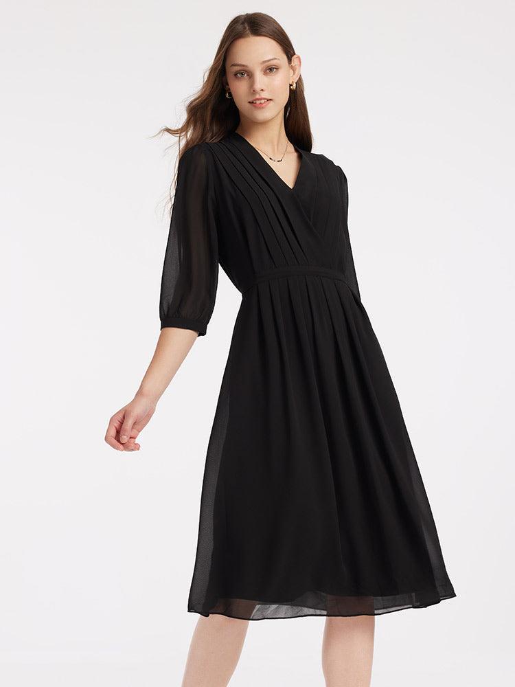 V-Neck Pleated Lace Up Wrap Dress GOELIA