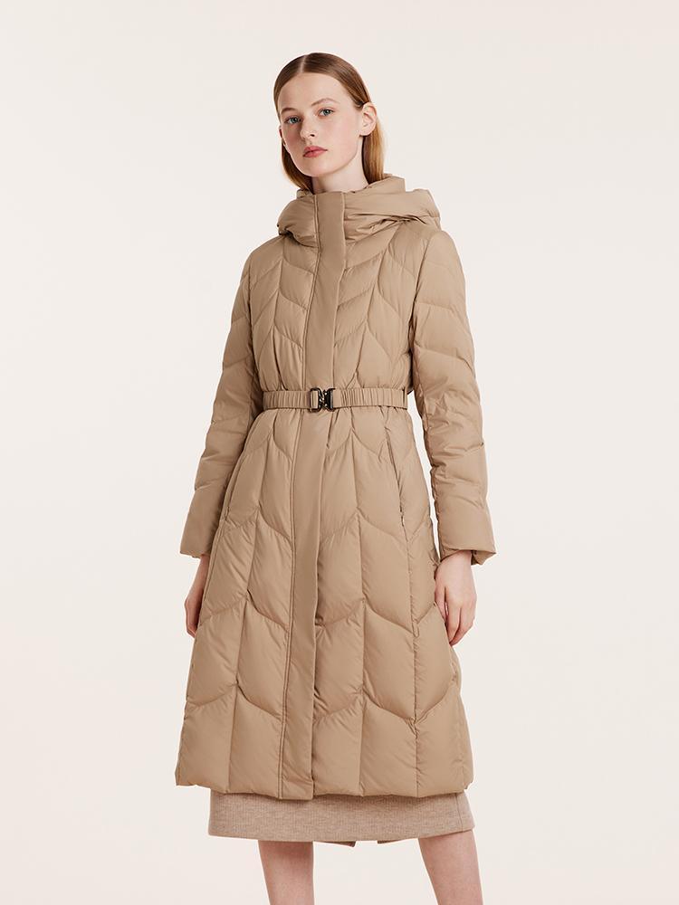 Hooded Gathered Waist Long Goose Down Garment