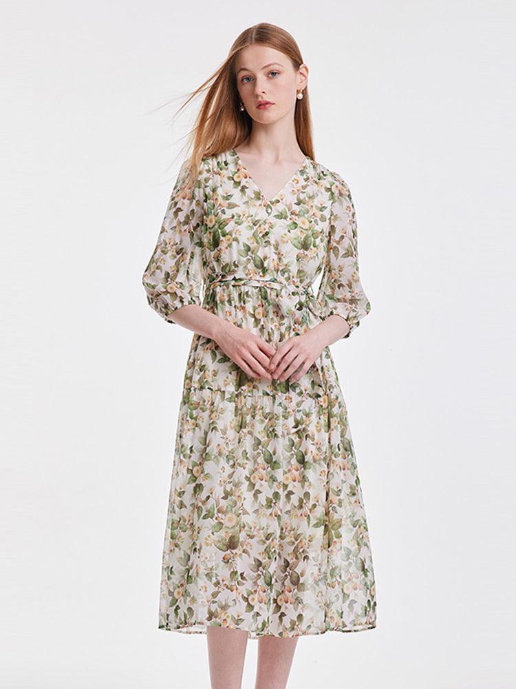 19 Momme Silk V-Neck Floral Dress GOELIA