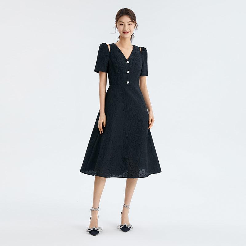 Detachable Bowknot Jacquard High Waist Dress GOELIA