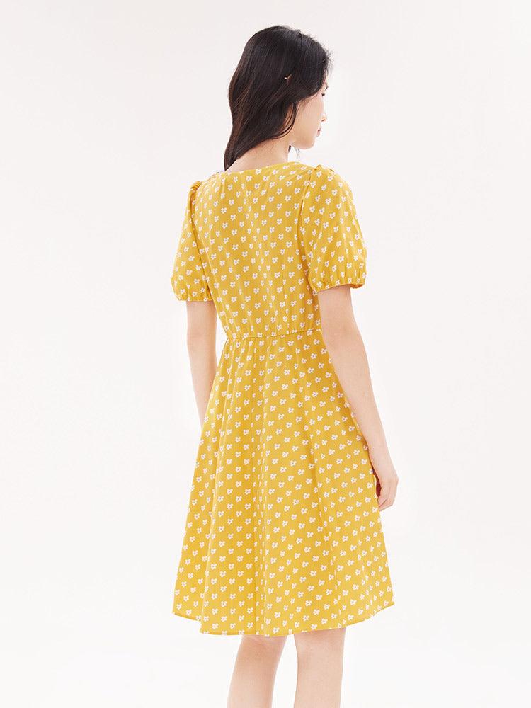 Yellow White Floral Print Square Neck Dress GOELIA