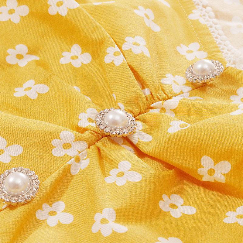 Yellow White Floral Print Square Neck Dress GOELIA