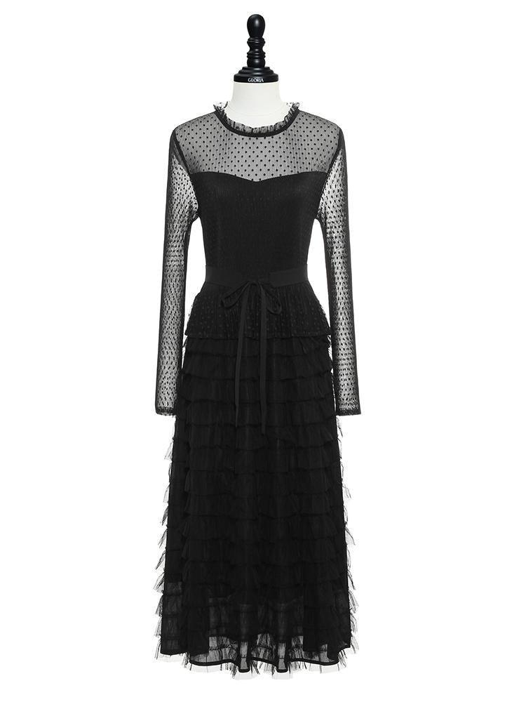 Pleated Tiered Sheer Sleeve Cake Midi Dress GOELIA