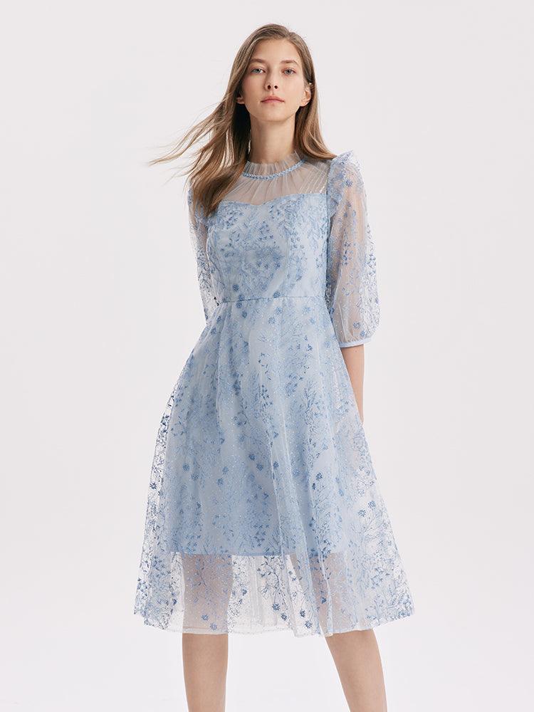 Blue See-Through Mesh Embroidered Dress GOELIA