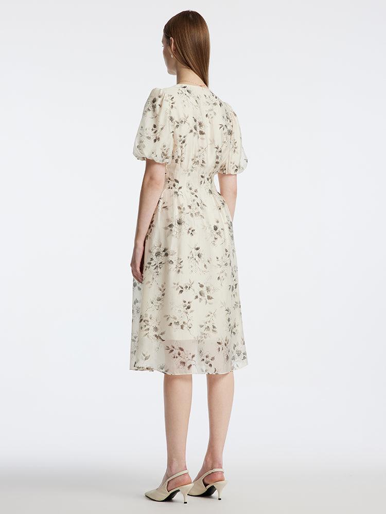 Floral Ink Painting V-Neck Waist-Skimming Dress GOELIA