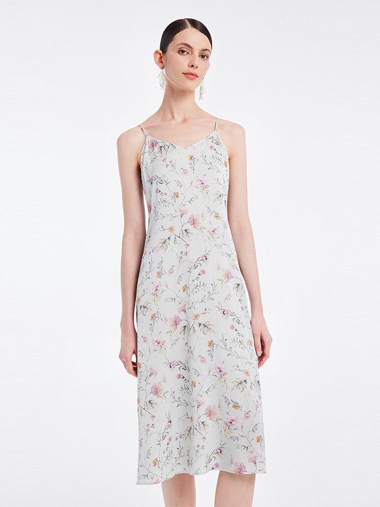 19-Momme Stretch Silk Floral Spaghetti Strap Dress GOELIA