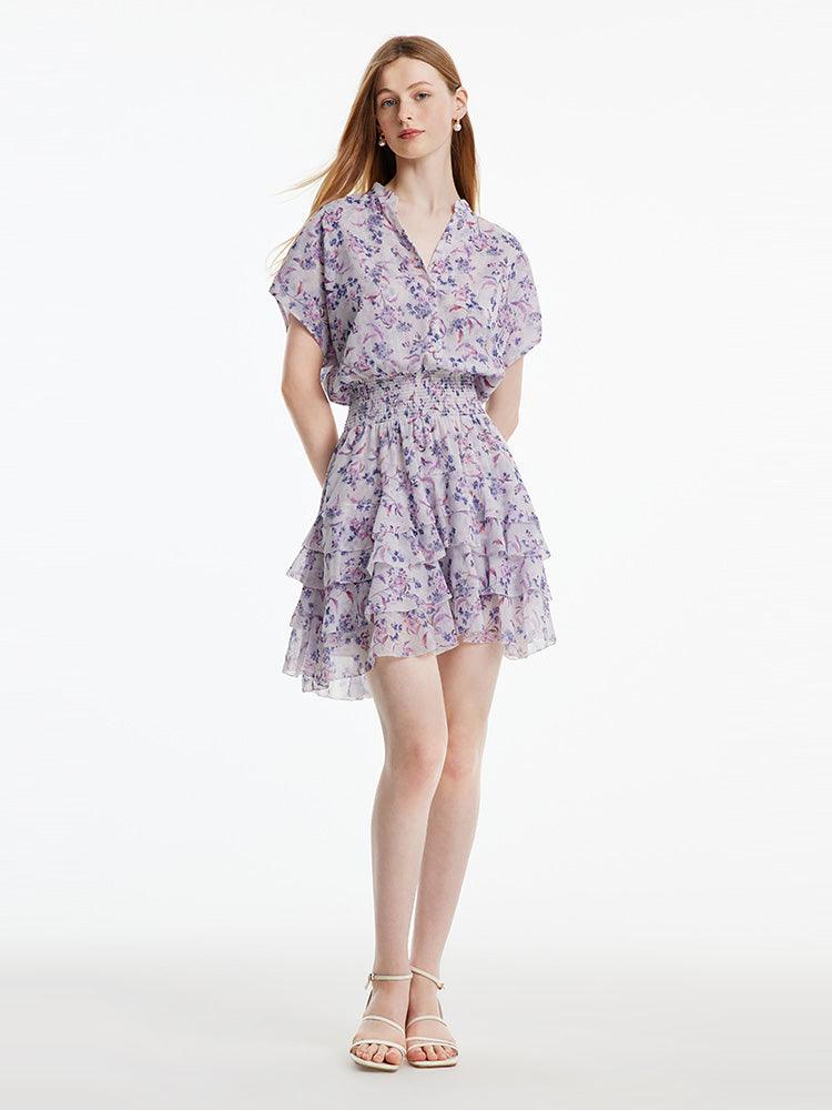 Purple Floral Gathered Waist Dress GOELIA