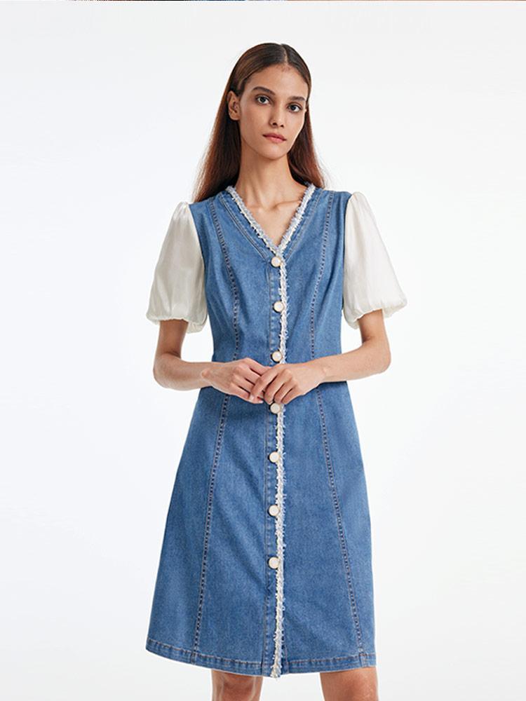 Denim Patchwork Tweed Dress GOELIA