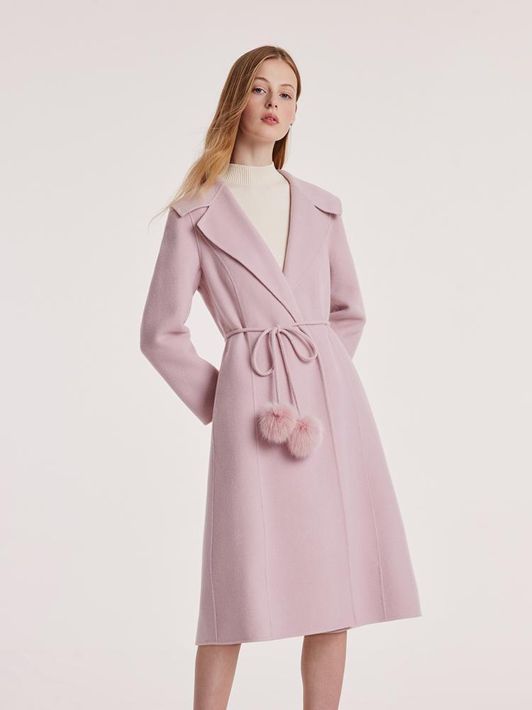 Pink Tencel Wool Double-Faced Lapel Coat With Belt GOELIA