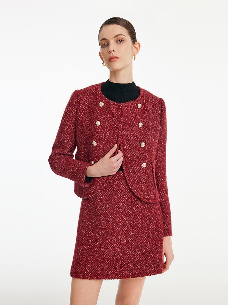 Red Double-Breasted Tweed Crop Jacket