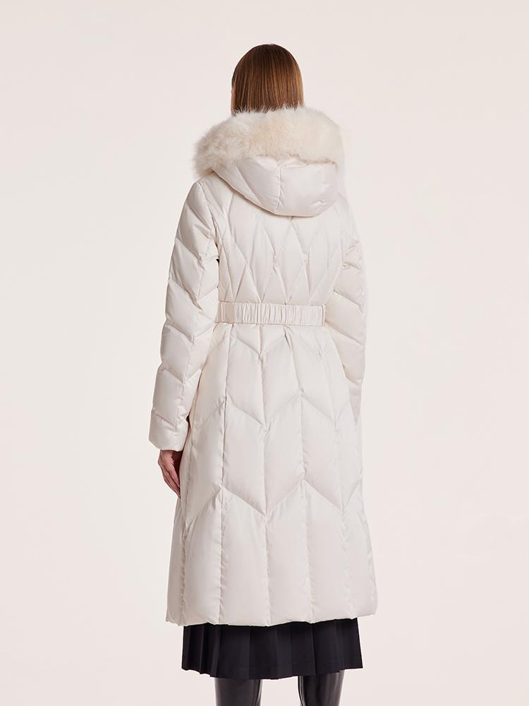 White Gathered Waist Long Goose Down Garment With Faux-Fur Collar GOELIA