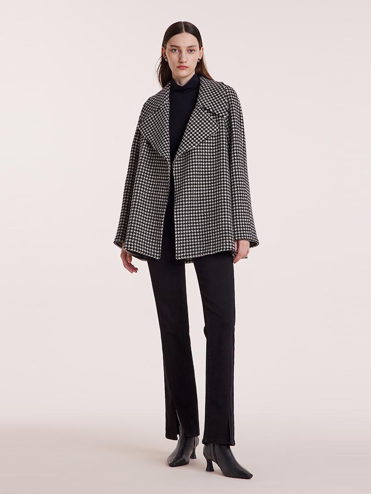 Washable Wool Houndstooth Coat With Belt GOELIA