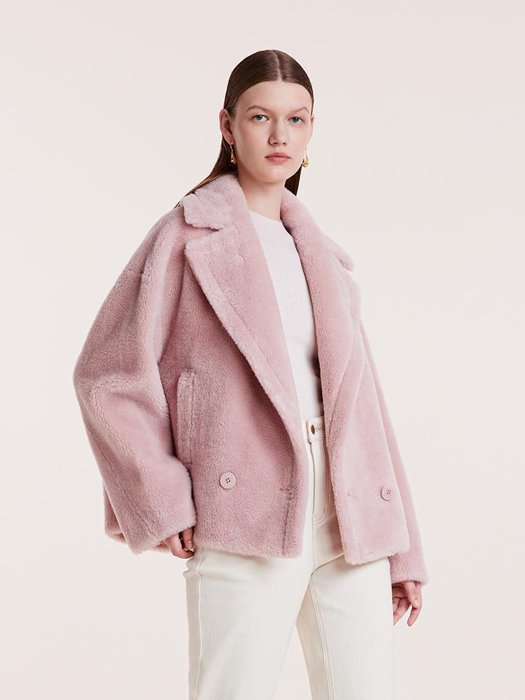 Lapel Double-Breasted Teddy Lamb Wool Short Coat GOELIA