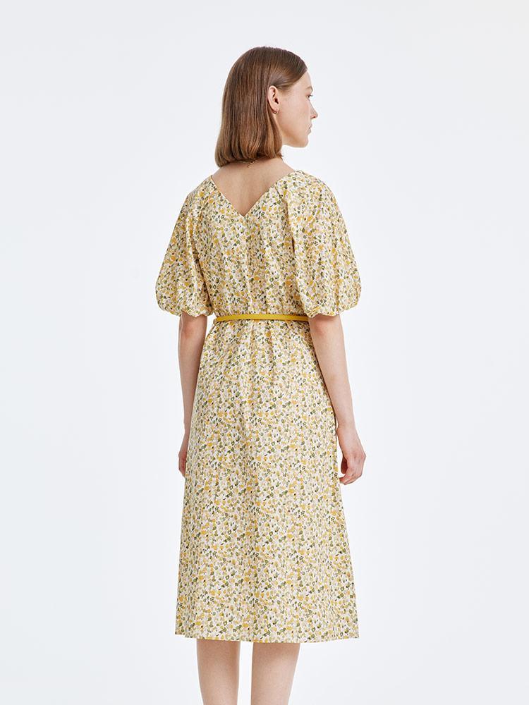 Yellow Floral Puff Sleeve Dress GOELIA