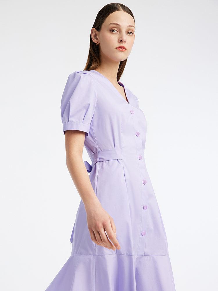 Purple Puff Sleeve Waist-Skimming Dress GOELIA