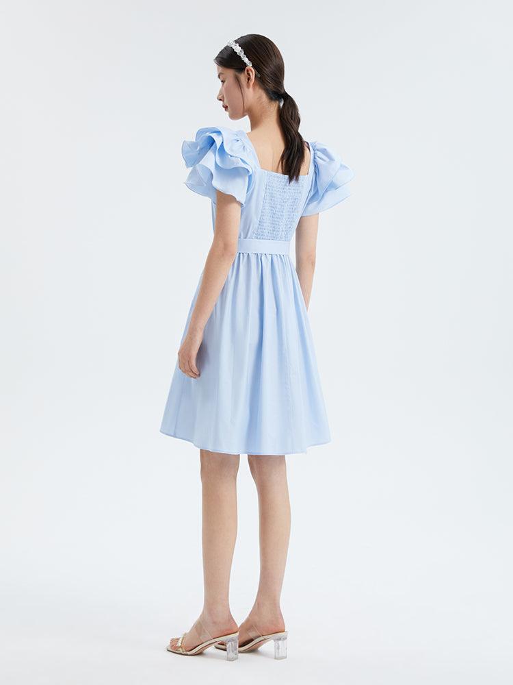 Ruffle Sleeve Square Neck Cotton Dress GOELIA