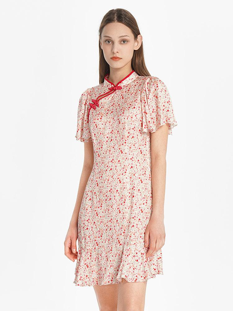 Floral Ruffle Sleeve Cheongsam Dress GOELIA