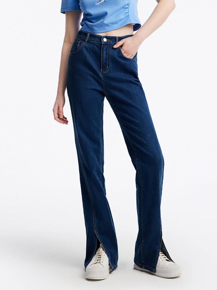 Slant Slit Denim Straight Leg Full Length Jeans GOELIA