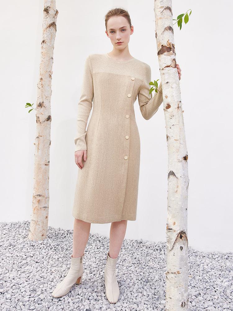 Cream Khaki Woolen Patchwork Slim Dress GOELIA