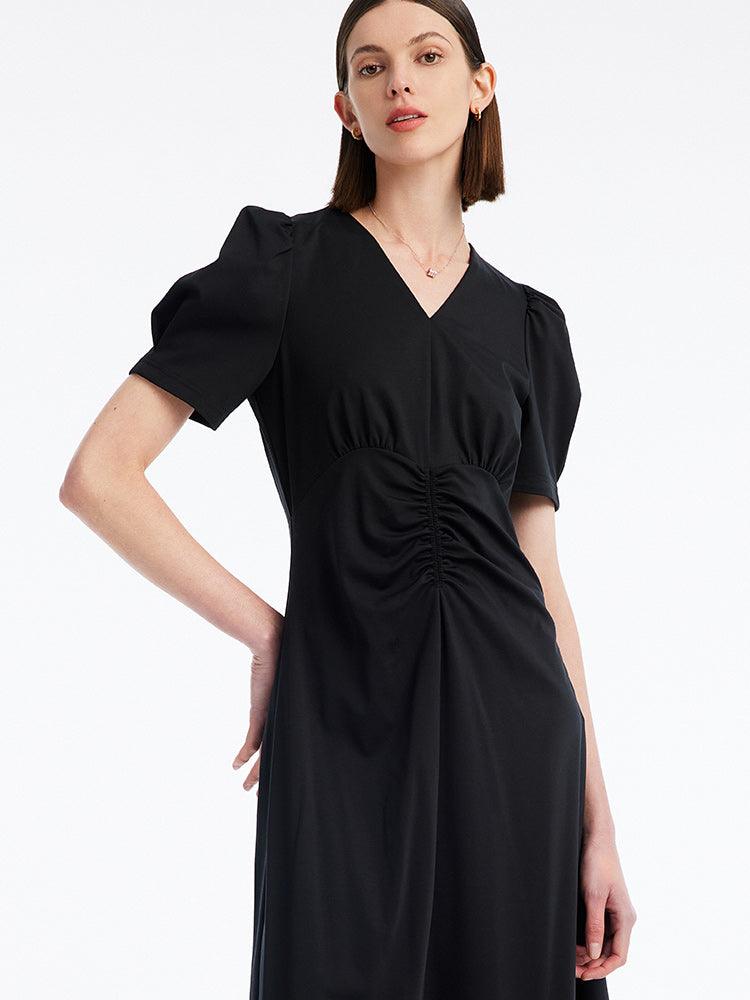 V-neck Pleated Mid-Calf Dress GOELIA