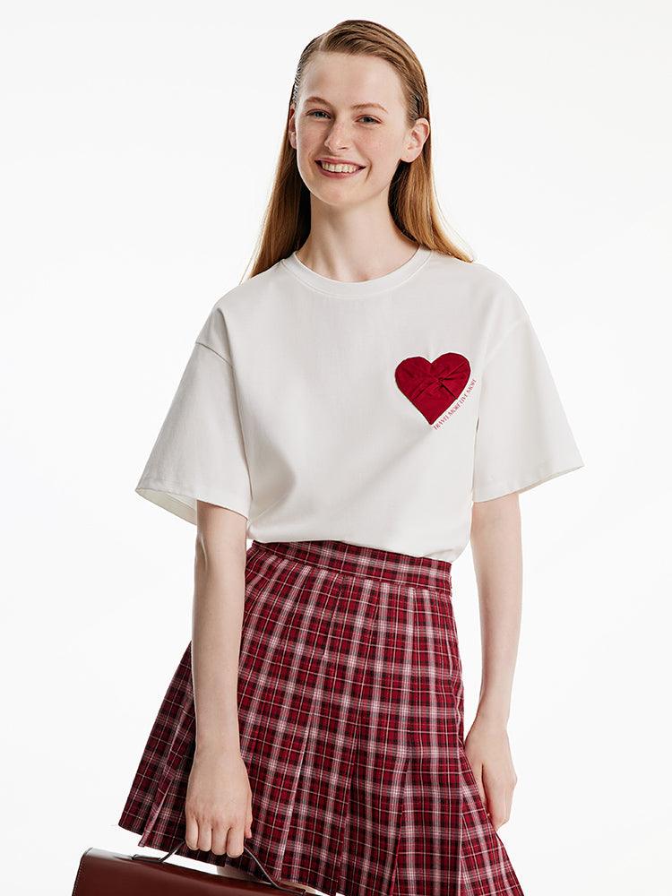 White Basic Heart Print T-Shirt GOELIA