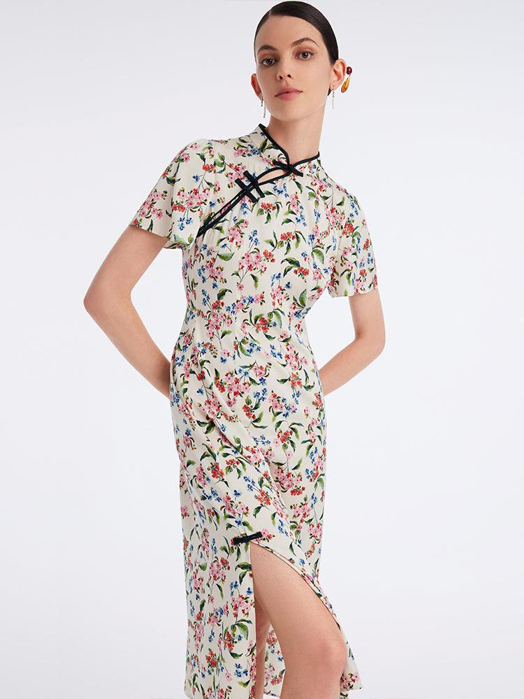 19 Momme Silk Slit Cheongsam Midi Dress GOELIA