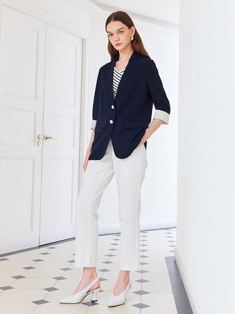 Navy Blue Color Block Blazer GOELIA