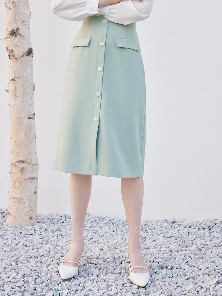 Mint Green Single-Breasted Slit Skirt GOELIA