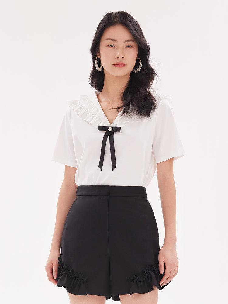 Ruffle Collar T-Shirt (With Bowknot) GOELIA