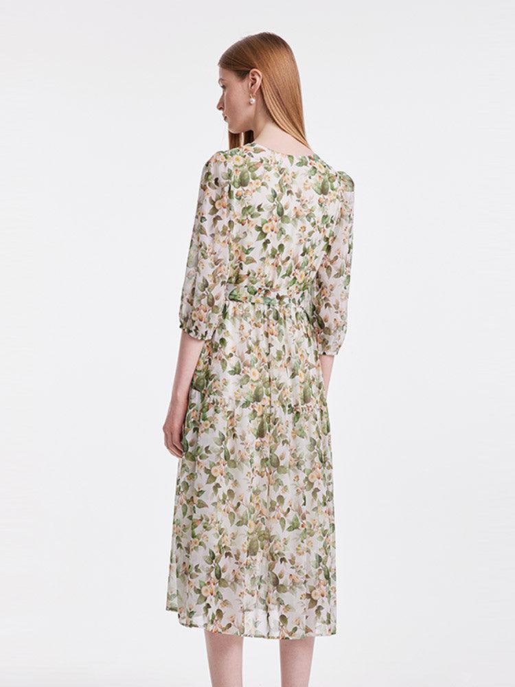 19 Momme Silk V-Neck Floral Dress GOELIA