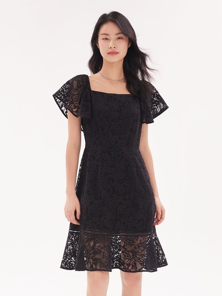 Black Square Neck Lace Slim Dress GOELIA