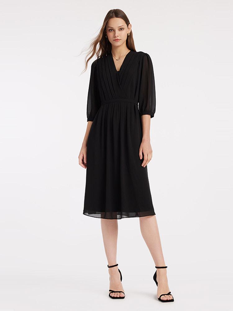 V-Neck Pleated Lace Up Wrap Dress GOELIA