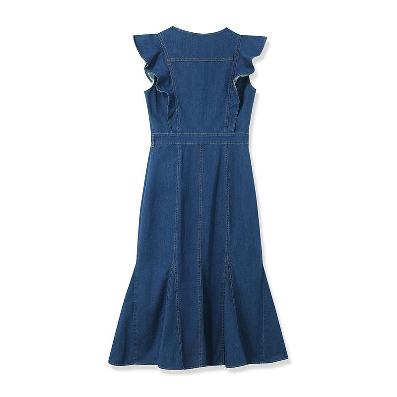 Denim Blue Ruffle Sleeveless Fishtail Dress GOELIA