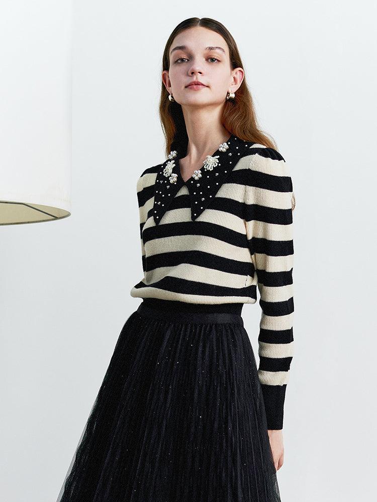 Black&White Stripe Pearl Lapel Collar Knitwear GOELIA