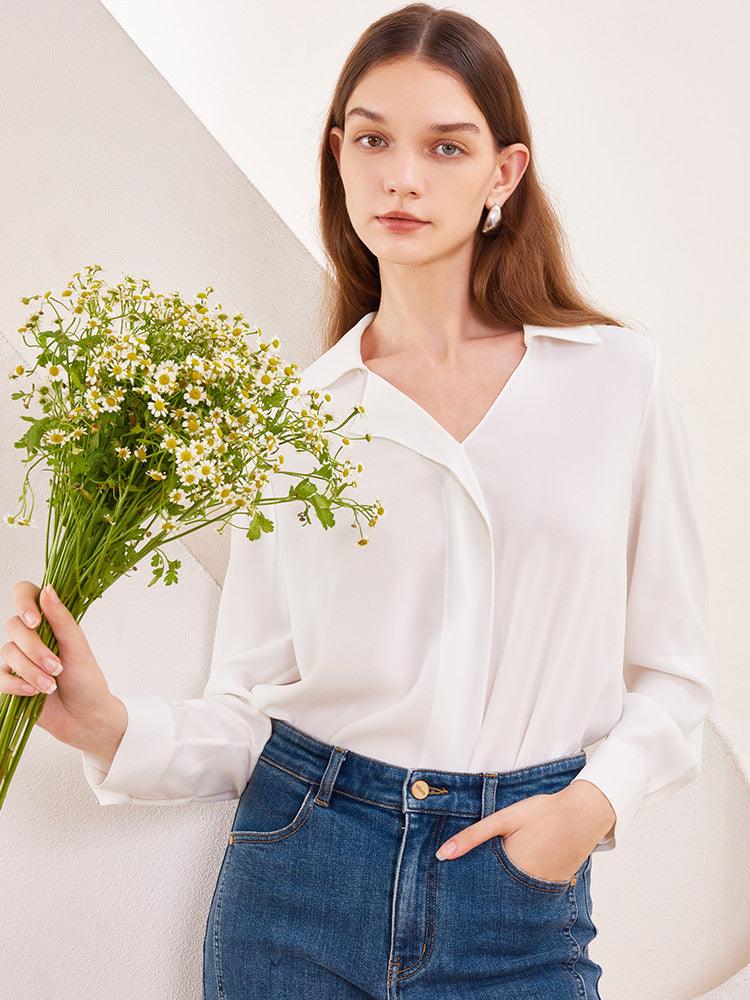 White Asymmetric Collar Woven Blouse GOELIA