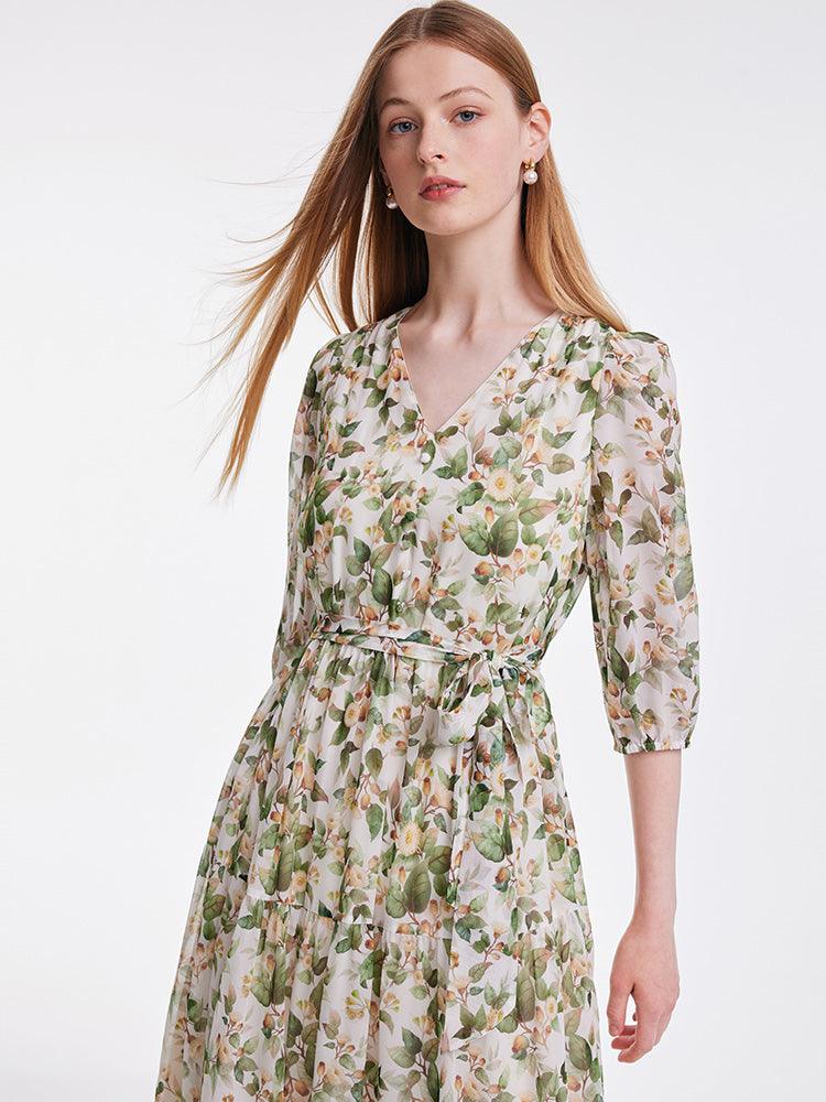 19 Momme Silk V-Neck Floral Dress GOELIA