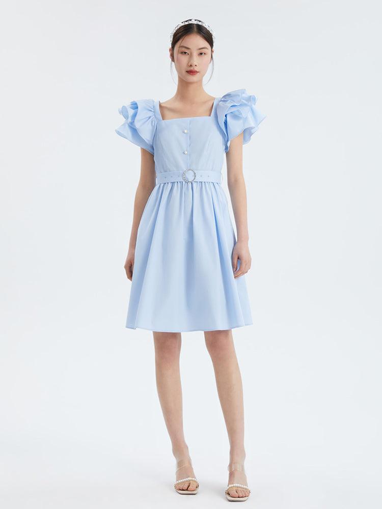 Ruffle Sleeve Square Neck Cotton Dress GOELIA