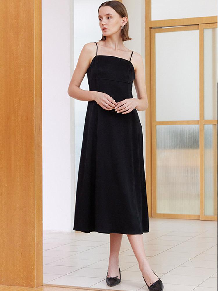 Black Triacetate Smooth Spaghetti Strap Dress GOELIA