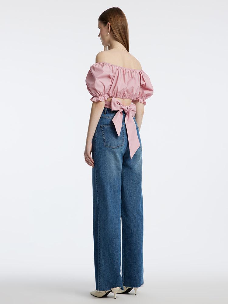 Pink Bowknot Pleated Princess Sleeve Blouse GOELIA